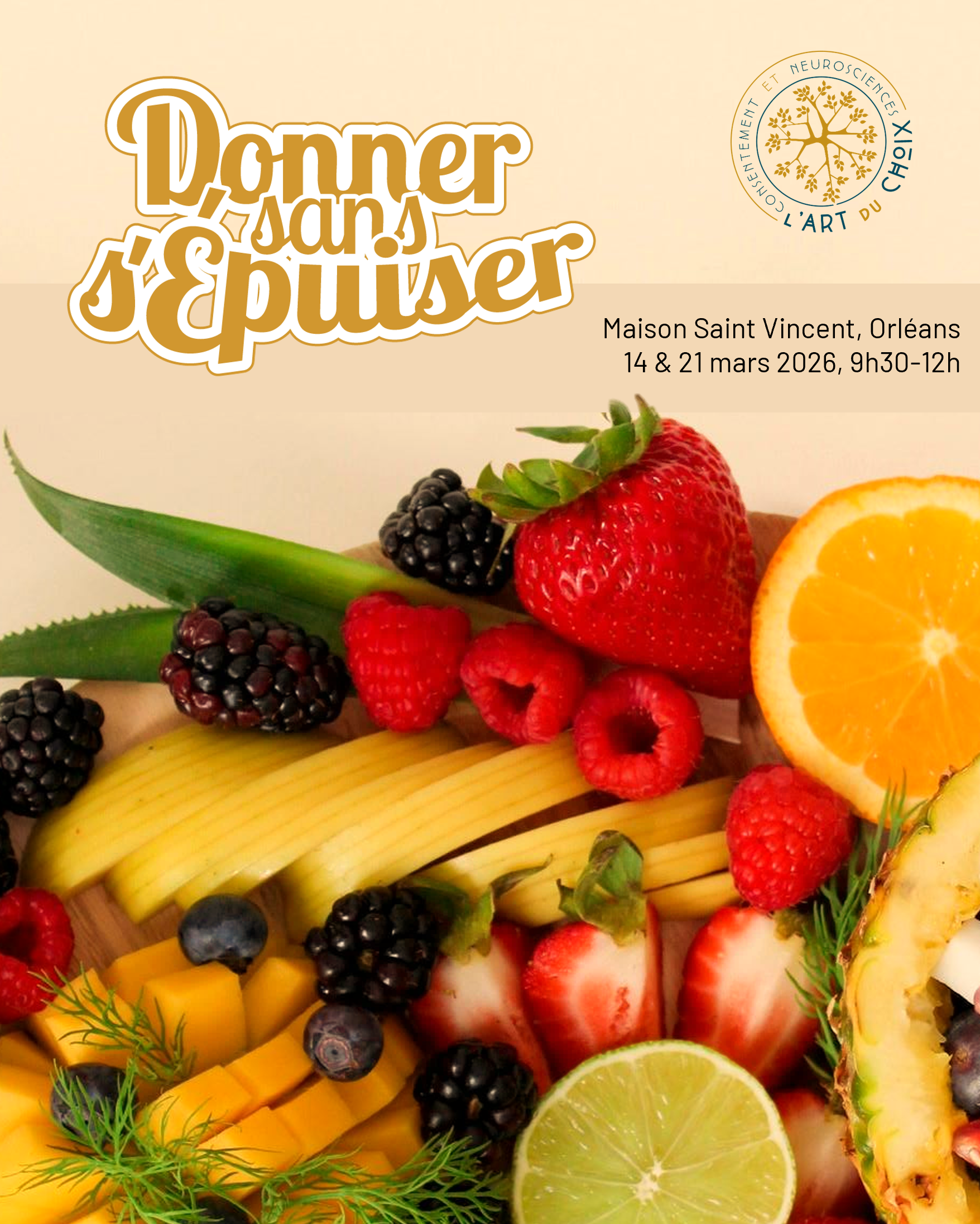 image représentant l'atelierDonner sans s'épuiser avec une corbeille de fruits abondante et les infos pratiques